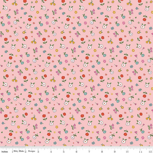 Image of Cotton Nook Pretty Pink quilting cotton fabric by Minki Kim for Riley Blake Designs. Features flowers on a pink background. Cute Little Fabric Shop.