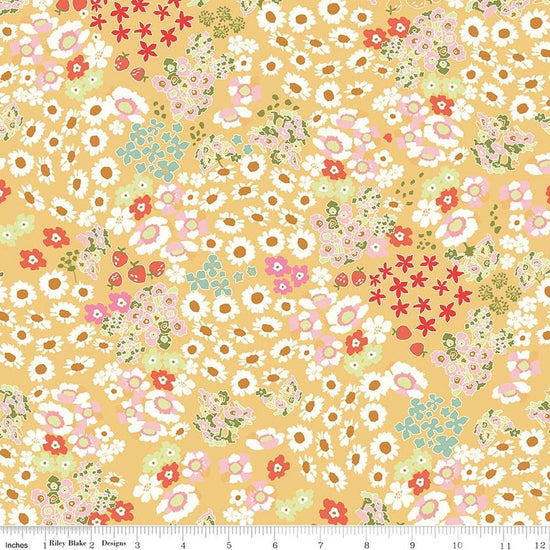 Image of Cotton Nook Flowerbed Yellow quilting cotton fabric by Minki Kim for Riley Blake Designs. Features flowers on a yellow background. Cute Little Fabric Shop.