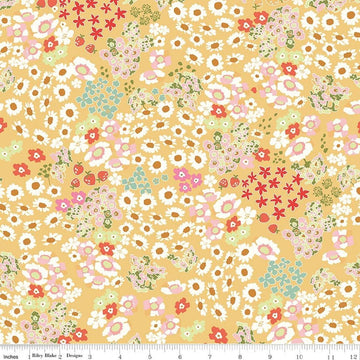 Image of Cotton Nook Flowerbed Yellow quilting cotton fabric by Minki Kim for Riley Blake Designs. Features flowers on a yellow background. Cute Little Fabric Shop.