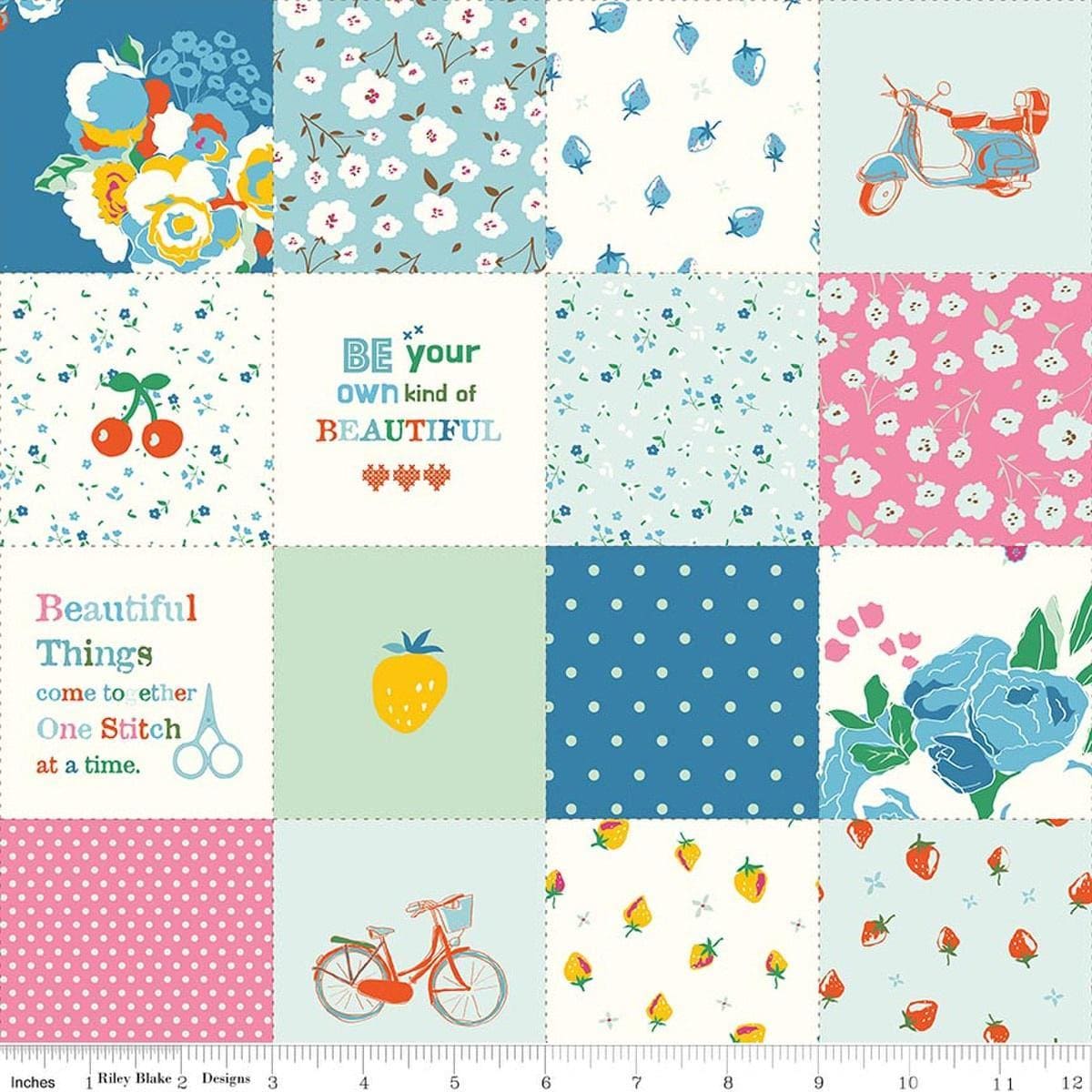 Image of Cotton Nook Patchwork Blue quilting cotton fabric by Minki Kim for Riley Blake Designs. Features flowers on a blue background. Cute Little Fabric Shop.
