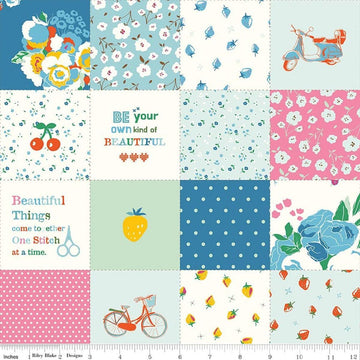 Image of Cotton Nook Patchwork Blue quilting cotton fabric by Minki Kim for Riley Blake Designs. Features flowers on a blue background. Cute Little Fabric Shop.