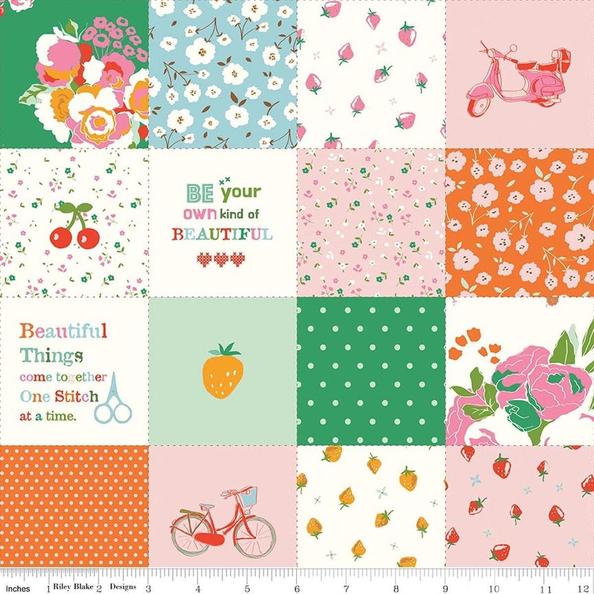 Image of Cotton Nook Patchwork Green quilting cotton fabric by Minki Kim for Riley Blake Designs. Features flowers on a multicolored background. Cute Little Fabric Shop.