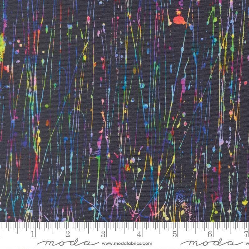 Image of Gradients Gallery Dripping Paint Midnight Rain quilting cotton fabric by Moda for Moda Fabrics. Features an abstract design on a black background. Cute Little Fabric Shop.