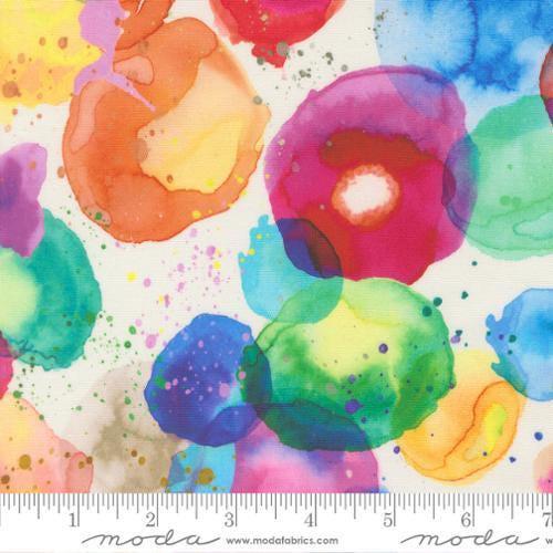 Image of Gradients Gallery Specs of Color Rainbow quilting cotton fabric by Moda for Moda Fabrics. Features an abstract design on a rainbow background. Cute Little Fabric Shop.