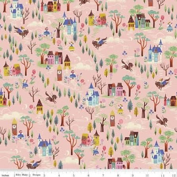 13" End of Bolt - Beauty & the Beast Countryside C9533 Pink - Riley Blake Designs - Fairy Tale Town Village Trees - Quilting Cotton Fabric