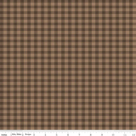 Image of Whispering Pines Plaid Brown quilting cotton fabric by The RBD Designers for Riley Blake Designs. Features plaid on a brown background. Cute Little Fabric Shop.