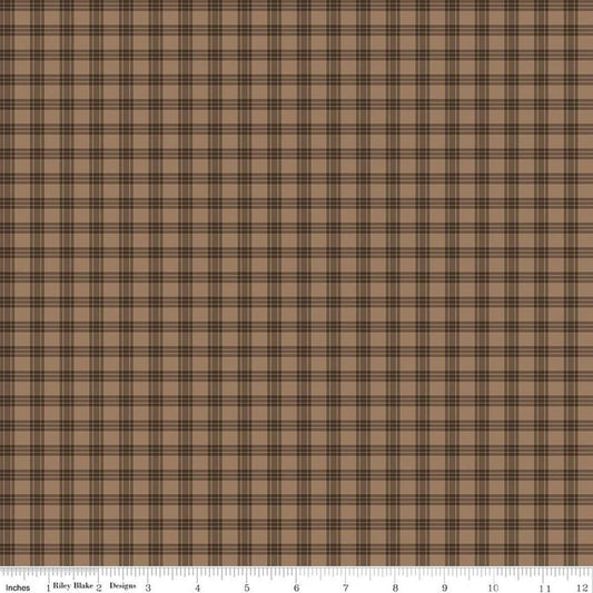 Image of Whispering Pines Plaid Brown quilting cotton fabric by The RBD Designers for Riley Blake Designs. Features plaid on a brown background. Cute Little Fabric Shop.