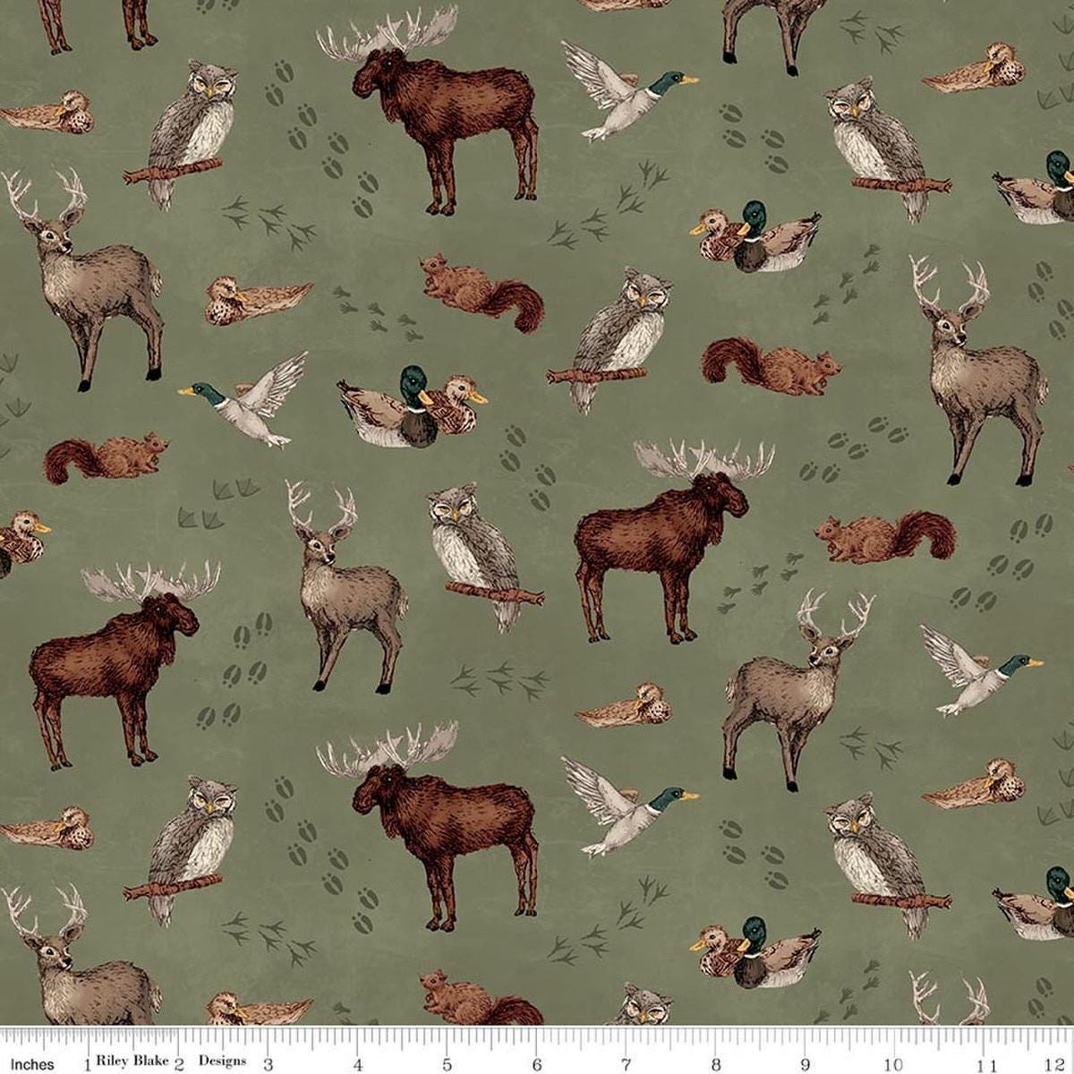 Image of Whispering Pines Animal Toss Green quilting cotton fabric by The RBD Designers for Riley Blake Designs. Features animals on a green background. Cute Little Fabric Shop.