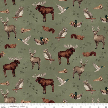 Image of Whispering Pines Animal Toss Green quilting cotton fabric by The RBD Designers for Riley Blake Designs. Features animals on a green background. Cute Little Fabric Shop.