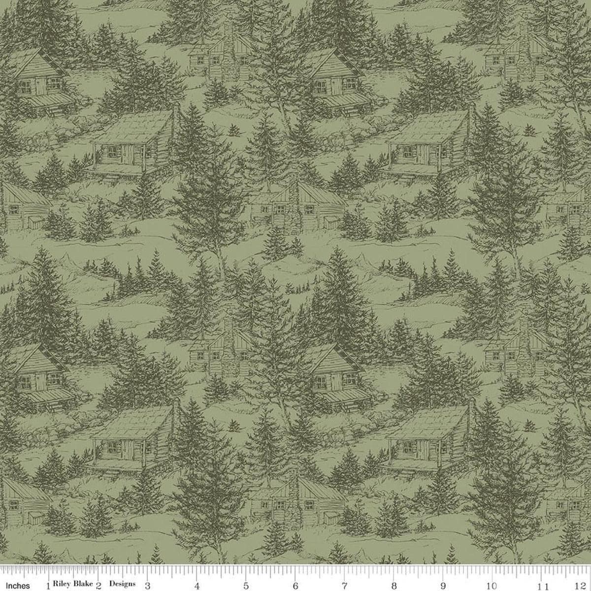 Image of Whispering Pines Cabins Green quilting cotton fabric by The RBD Designers for Riley Blake Designs. Features cabins in trees on a green background. Cute Little Fabric Shop.