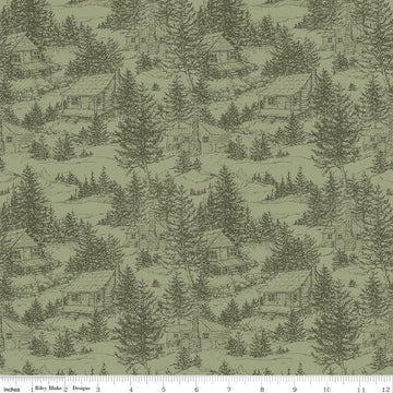 Image of Whispering Pines Cabins Green quilting cotton fabric by The RBD Designers for Riley Blake Designs. Features cabins in trees on a green background. Cute Little Fabric Shop.