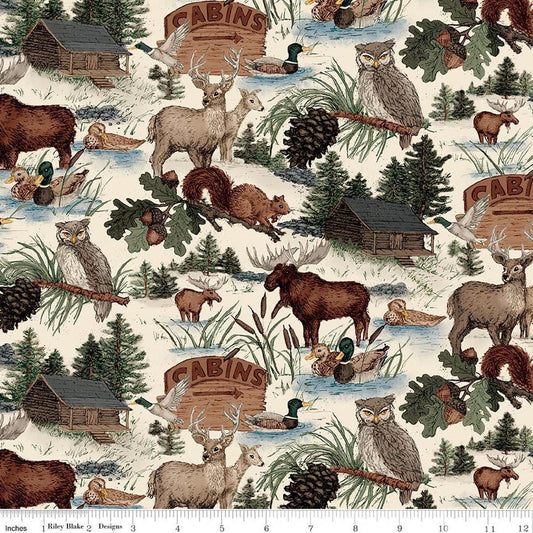 Image of Whispering Pines Main Cream quilting cotton fabric by The RBD Designers for Riley Blake Designs. Features animals on a cream background. Cute Little Fabric Shop.