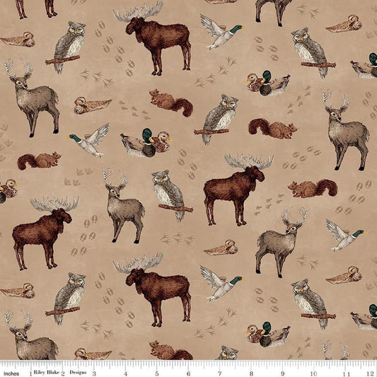 Image of Whispering Pines Animal Toss Tan quilting cotton fabric by The RBD Designers for Riley Blake Designs. Features animals on a brown background. Cute Little Fabric Shop.