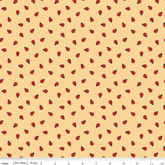 Image of Little Ladybug Ladybugs Yellow quilting cotton fabric by Lori Whitlock for Riley Black Designs. Features ladybugs on a yellow background. Cute Little Fabric Shop.