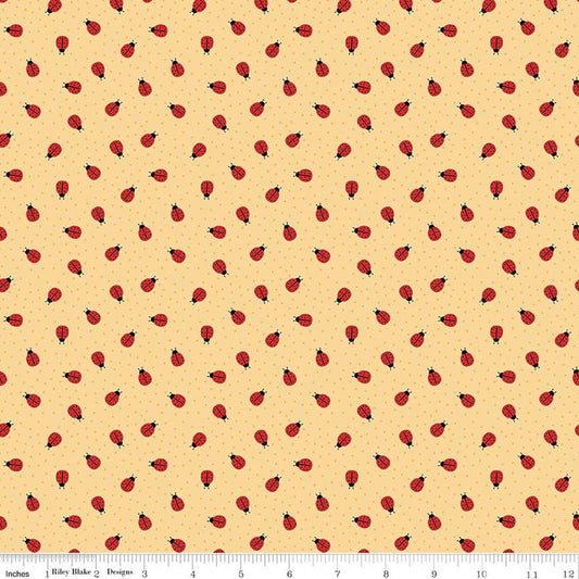 Image of Little Ladybug Ladybugs Yellow quilting cotton fabric by Lori Whitlock for Riley Black Designs. Features ladybugs on a yellow background. Cute Little Fabric Shop.