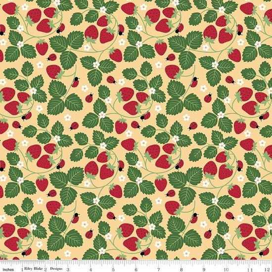 Image of Little Ladybug Strawberries Yellow quilting cotton fabric by Lori Whitlock for Riley Black Designs. Features strawberries and leaves on a yellow background. Cute Little Fabric Shop.