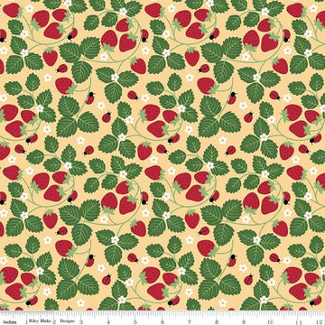 Image of Little Ladybug Strawberries Yellow quilting cotton fabric by Lori Whitlock for Riley Black Designs. Features strawberries and leaves on a yellow background. Cute Little Fabric Shop.