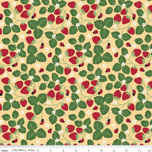 Image of Little Ladybug Strawberries Yellow quilting cotton fabric by Lori Whitlock for Riley Black Designs. Features strawberries and leaves on a yellow background. Cute Little Fabric Shop.