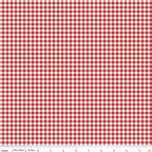 Image of Little Ladybug Gingham Red quilting cotton fabric by Lori Whitlock for Riley Black Designs. Features gingham on a red background. Cute Little Fabric Shop.