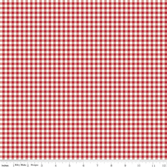 Image of Little Ladybug Gingham Red quilting cotton fabric by Lori Whitlock for Riley Black Designs. Features gingham on a red background. Cute Little Fabric Shop.