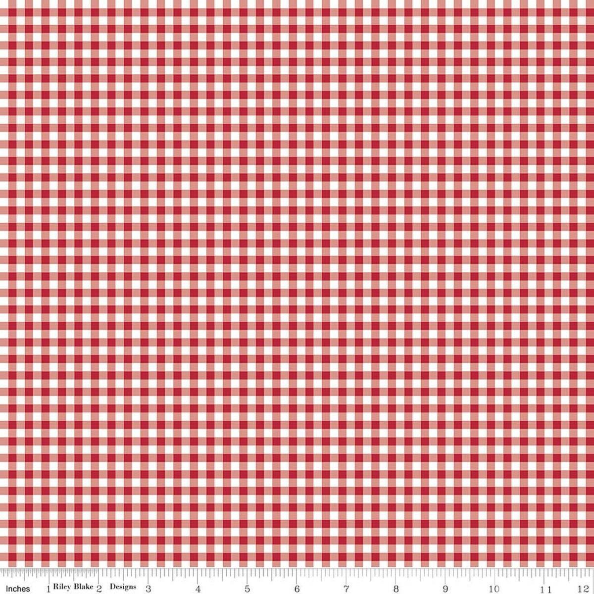 Image of Little Ladybug Gingham Red quilting cotton fabric by Lori Whitlock for Riley Black Designs. Features gingham on a red background. Cute Little Fabric Shop.