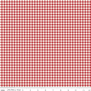 Image of Little Ladybug Gingham Red quilting cotton fabric by Lori Whitlock for Riley Black Designs. Features gingham on a red background. Cute Little Fabric Shop.
