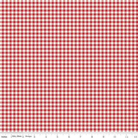 Image of Little Ladybug Gingham Red quilting cotton fabric by Lori Whitlock for Riley Black Designs. Features gingham on a red background. Cute Little Fabric Shop.