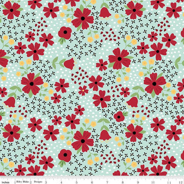 Image of Little Ladybug Main Blue quilting cotton fabric by Lori Whitlock for Riley Black Designs. Features flowers on a blue background. Cute Little Fabric Shop.