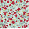 Image of Little Ladybug Main Blue quilting cotton fabric by Lori Whitlock for Riley Black Designs. Features flowers on a blue background. Cute Little Fabric Shop.