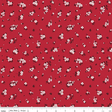 Image of Little Ladybug Mini Flowers Red quilting cotton fabric by Lori Whitlock for Riley Black Designs. Features flowers on a red background. Cute Little Fabric Shop.