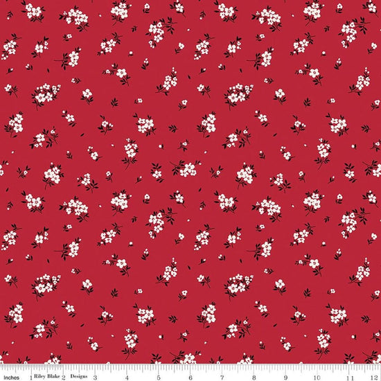 Image of Little Ladybug Mini Flowers Red quilting cotton fabric by Lori Whitlock for Riley Black Designs. Features flowers on a red background. Cute Little Fabric Shop.