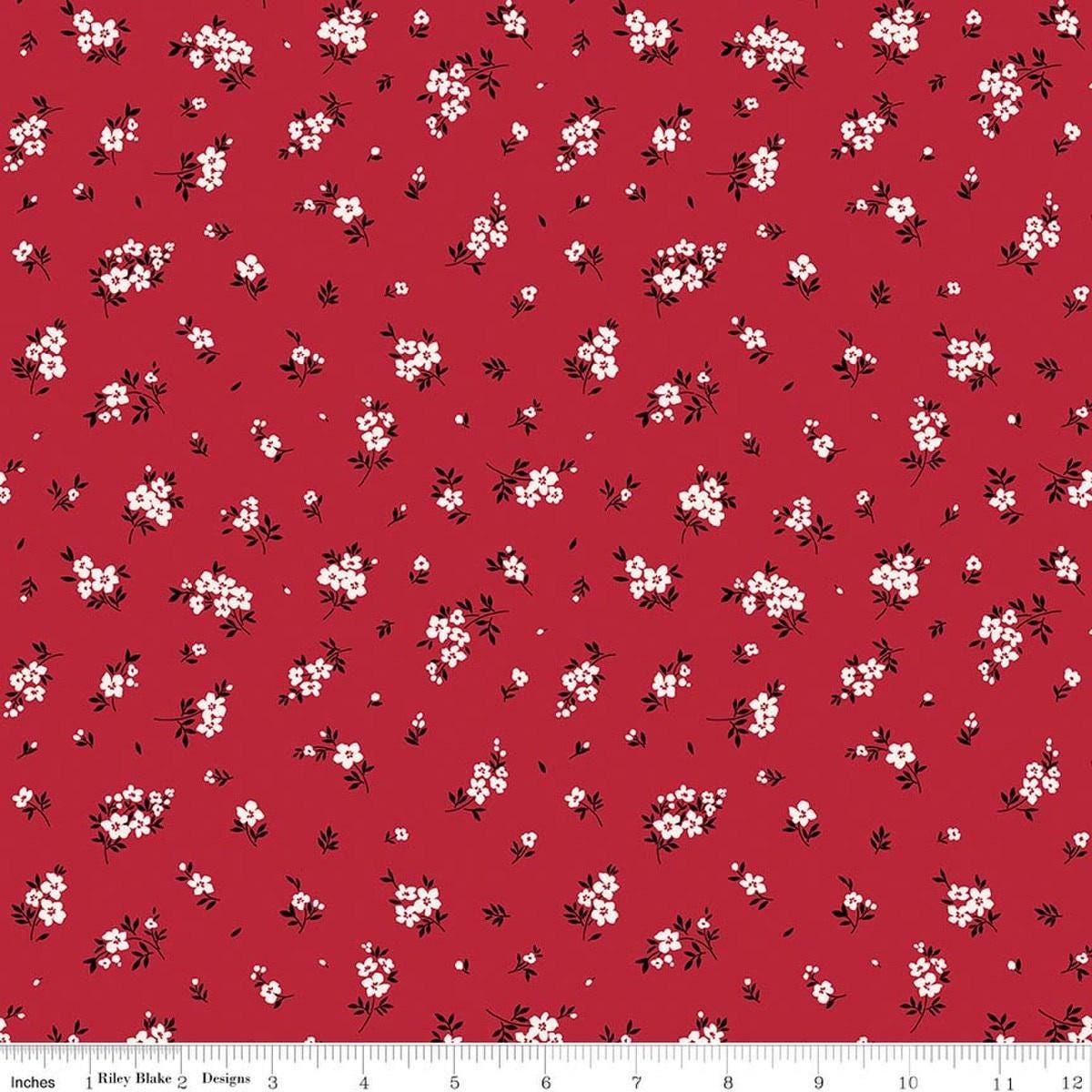 Image of Little Ladybug Mini Flowers Red quilting cotton fabric by Lori Whitlock for Riley Black Designs. Features flowers on a red background. Cute Little Fabric Shop.