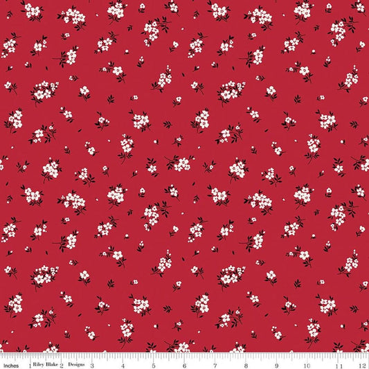 Image of Little Ladybug Mini Flowers Red quilting cotton fabric by Lori Whitlock for Riley Black Designs. Features flowers on a red background. Cute Little Fabric Shop.
