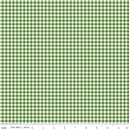 Image of Little Ladybug Gingham Green quilting cotton fabric by Lori Whitlock for Riley Black Designs. Features gingham on a green background. Cute Little Fabric Shop.