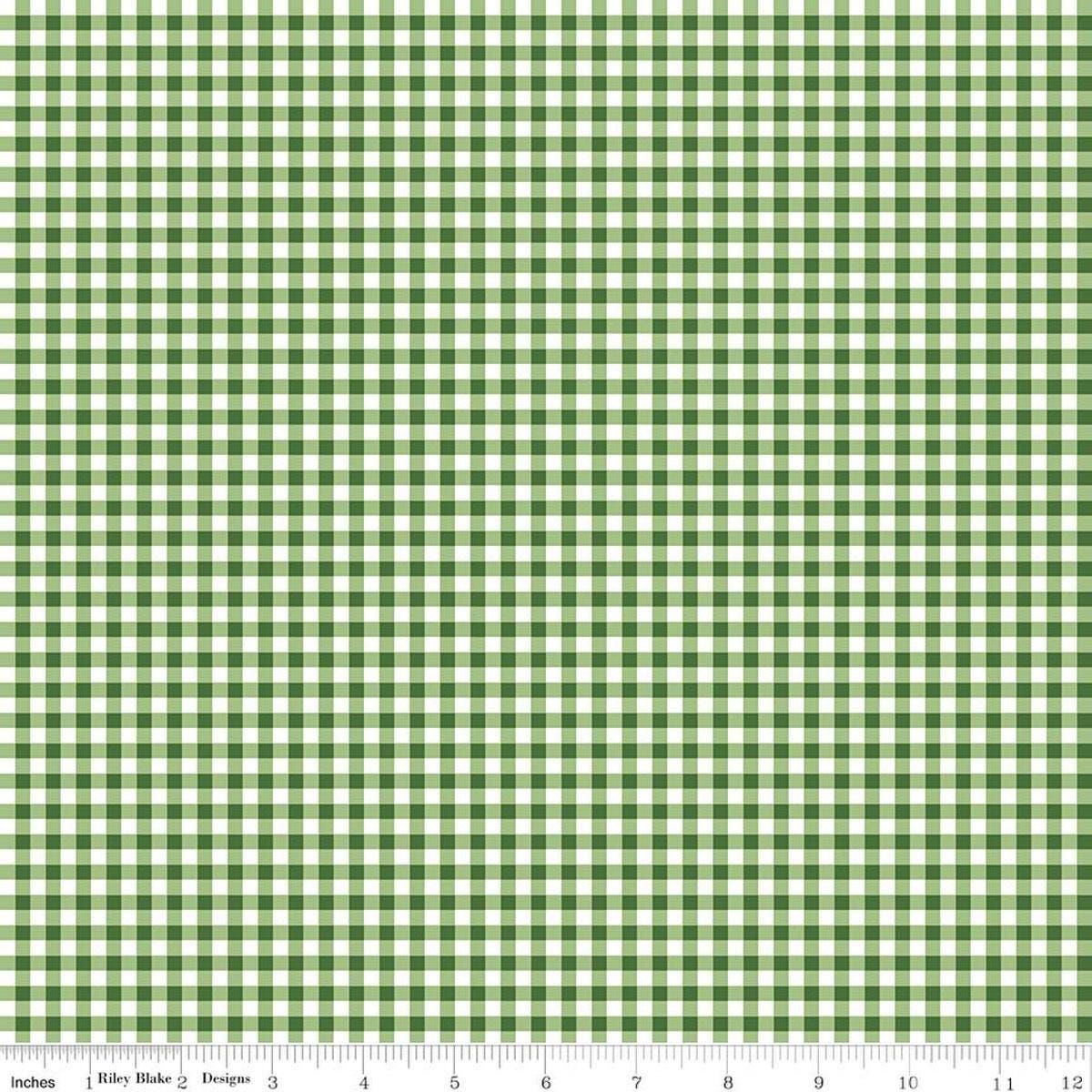 Image of Little Ladybug Gingham Green quilting cotton fabric by Lori Whitlock for Riley Black Designs. Features gingham on a green background. Cute Little Fabric Shop.
