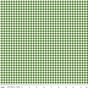 Image of Little Ladybug Gingham Green quilting cotton fabric by Lori Whitlock for Riley Black Designs. Features gingham on a green background. Cute Little Fabric Shop.
