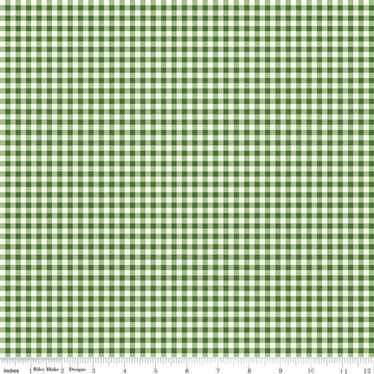 Image of Little Ladybug Gingham Green quilting cotton fabric by Lori Whitlock for Riley Black Designs. Features gingham on a green background. Cute Little Fabric Shop.