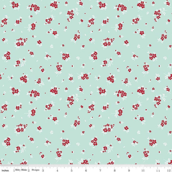 Image of Little Ladybug Mini Flowers Blue quilting cotton fabric by Lori Whitlock for Riley Black Designs. Features flowers on a blue background. Cute Little Fabric Shop.