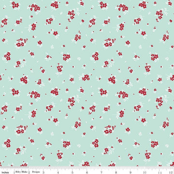 Image of Little Ladybug Mini Flowers Blue quilting cotton fabric by Lori Whitlock for Riley Black Designs. Features flowers on a blue background. Cute Little Fabric Shop.