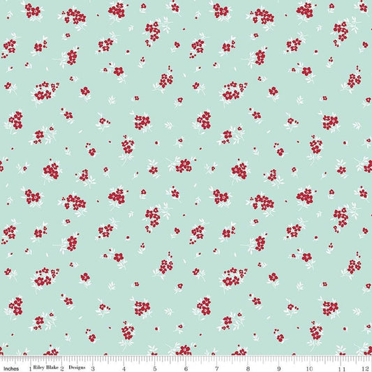 Image of Little Ladybug Mini Flowers Blue quilting cotton fabric by Lori Whitlock for Riley Black Designs. Features flowers on a blue background. Cute Little Fabric Shop.