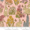 Image of My Secret Garden Bunnies Petal quilting cotton fabric by Stacy Iest Hsu for Moda Fabrics. Features flowers and rabbits on a pink background. Cute Little Fabric Shop.