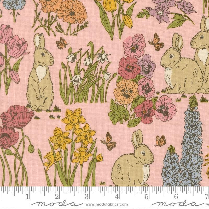 Image of My Secret Garden Bunnies Petal quilting cotton fabric by Stacy Iest Hsu for Moda Fabrics. Features flowers and rabbits on a pink background. Cute Little Fabric Shop.