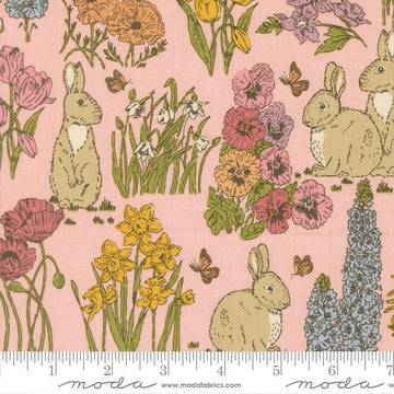 Image of My Secret Garden Bunnies Petal quilting cotton fabric by Stacy Iest Hsu for Moda Fabrics. Features flowers and rabbits on a pink background. Cute Little Fabric Shop.