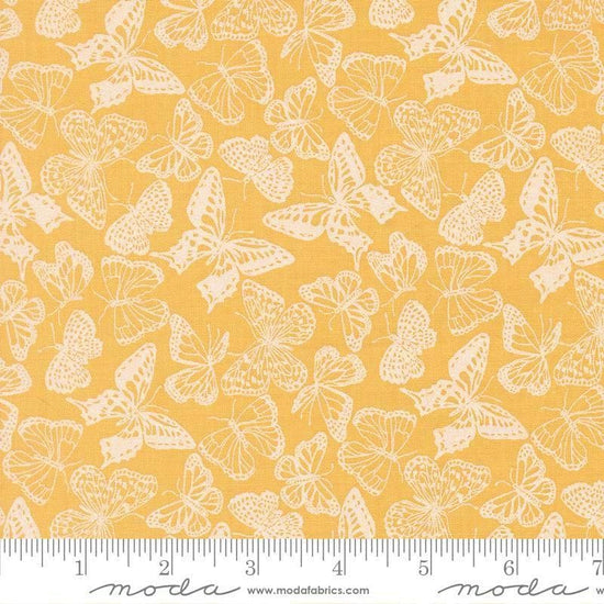 Image of My Secret Garden Flitter Flutter Sunflower quilting cotton fabric by Stacy Iest Hsu for Moda Fabrics. Features butterflies on a yellow background. Cute Little Fabric Shop.