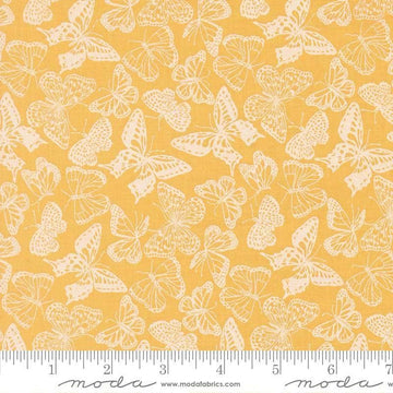 Image of My Secret Garden Flitter Flutter Sunflower quilting cotton fabric by Stacy Iest Hsu for Moda Fabrics. Features butterflies on a yellow background. Cute Little Fabric Shop.