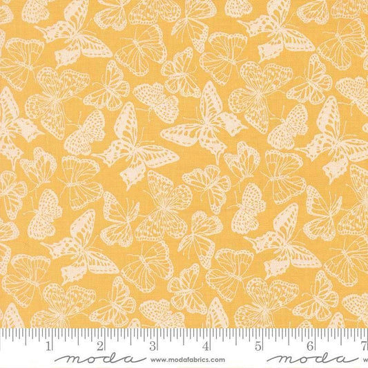 Image of My Secret Garden Flitter Flutter Sunflower quilting cotton fabric by Stacy Iest Hsu for Moda Fabrics. Features butterflies on a yellow background. Cute Little Fabric Shop.