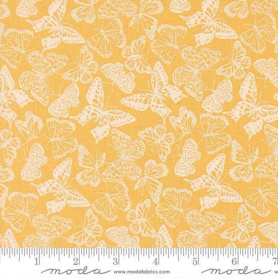 Image of My Secret Garden Flitter Flutter Sunflower quilting cotton fabric by Stacy Iest Hsu for Moda Fabrics. Features butterflies on a yellow background. Cute Little Fabric Shop.