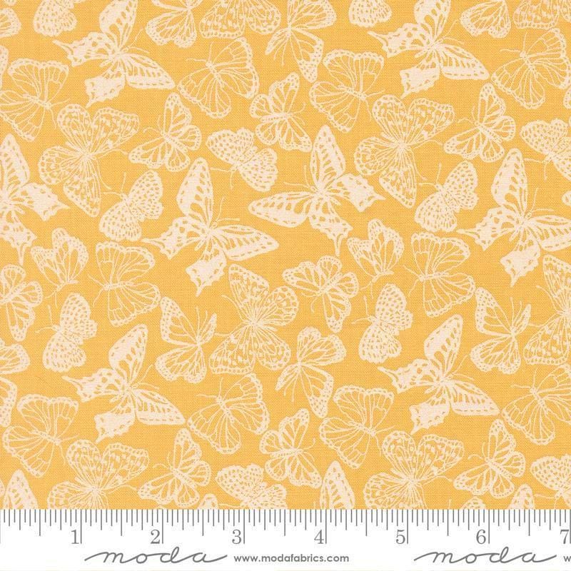 Image of My Secret Garden Flitter Flutter Sunflower quilting cotton fabric by Stacy Iest Hsu for Moda Fabrics. Features butterflies on a yellow background. Cute Little Fabric Shop.