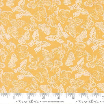 Image of My Secret Garden Flitter Flutter Sunflower quilting cotton fabric by Stacy Iest Hsu for Moda Fabrics. Features butterflies on a yellow background. Cute Little Fabric Shop.