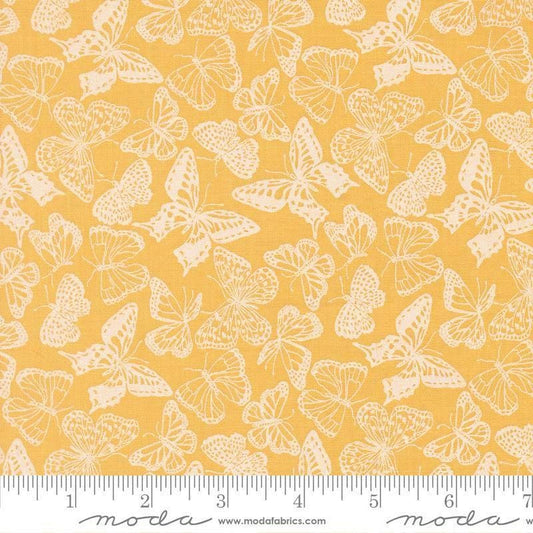 Image of My Secret Garden Flitter Flutter Sunflower quilting cotton fabric by Stacy Iest Hsu for Moda Fabrics. Features butterflies on a yellow background. Cute Little Fabric Shop.